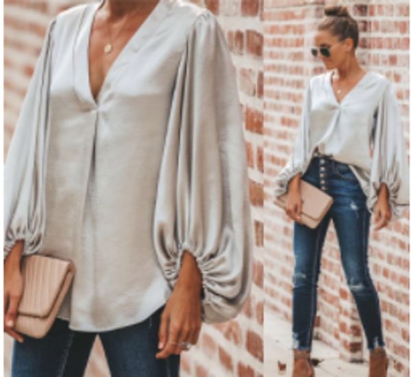 

v-neck blouse lady's lantern sleeve various colors and fashion pure color simplicity for fall/winter 2020, White