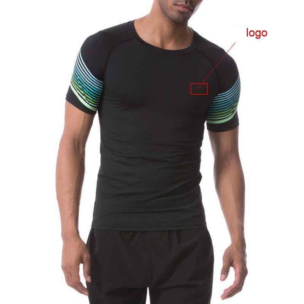 

new 2019 summer short sleeve gym pro color stripe running jogging skinny tights basketball football training t shirts men, White;black