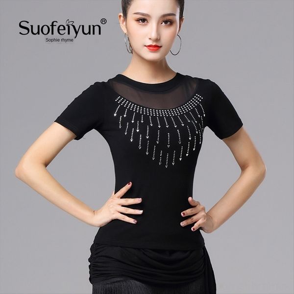 

season latin female clothing costume long-sleeved diamond modern dance national standard dance practice performance clothing top, White
