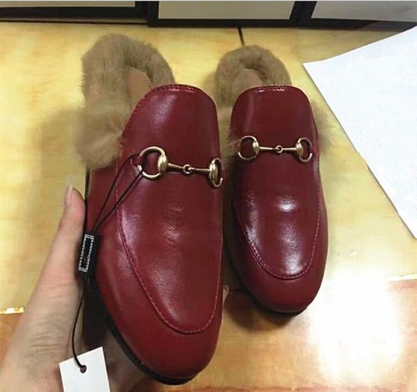 

men designer genuine leather loafers fur luxury slipper with buckle fashion women princetown casual fur mules flats 34-44 l02, Black