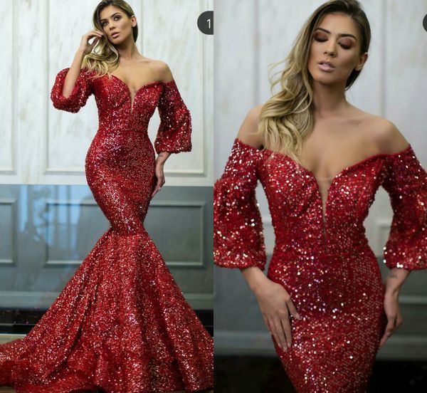 

fabulous sequined red prom dresses off the shoulder 3/4 long sleeves sweep train mermaid evening gowns party wear plus size women clothes, Black;red
