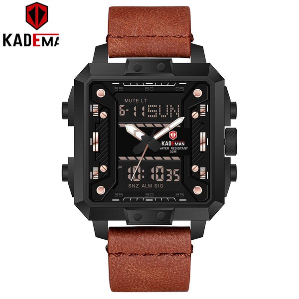 

kademan multicolor mens watch fashion male watch creative man clock leather band waterproof week alarm dual display reloj hombre, Slivery;brown