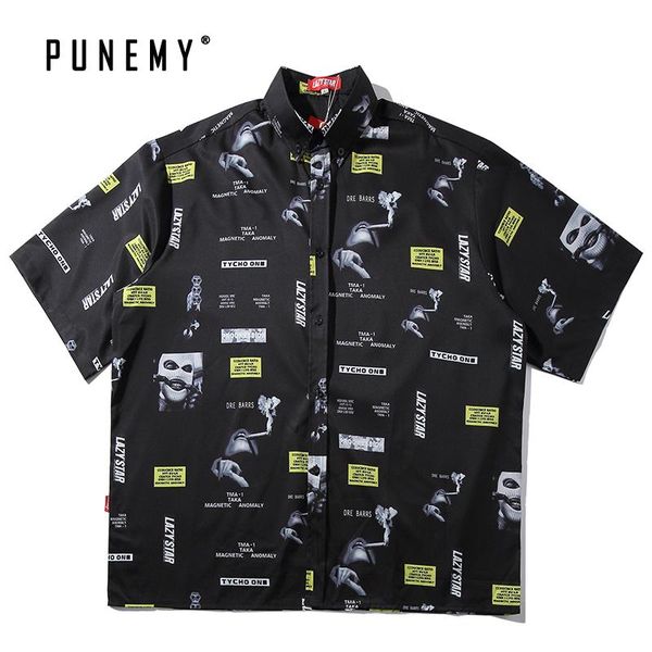 

мужская рубашка гавайский хип-хоп полный принт уличная одежда с отложным воротником негабаритный хлопок 2020 весна новый повседневный haraju, White;black