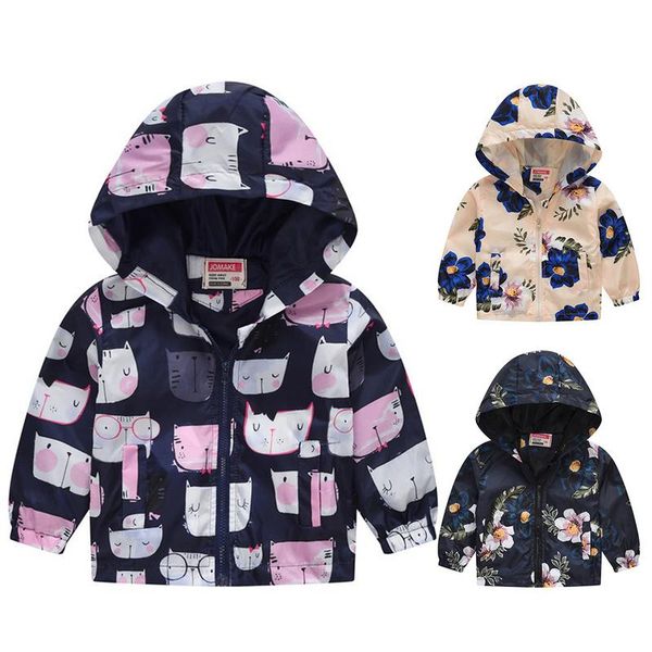 

baby boys jackets children hooded flower cats printed girls outerwear kids windbreaker spring autumn clothes size 90-130cm, Blue;gray