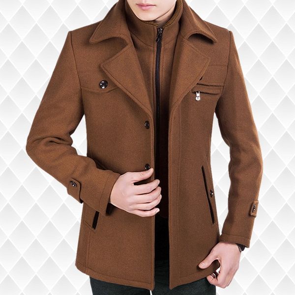 

men coat winter 2019 tweed coat for men medium length trench single-breasted slim man jacket, Black