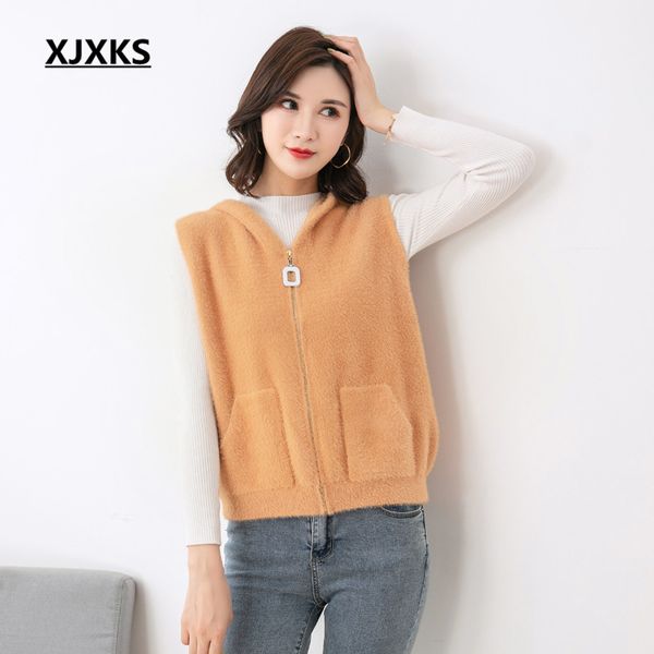 

xjxks 2019 autumn winter new women zipper cardigan vest fashion hooded casual comfortable sleeveless sweater women cardigan, Black;white