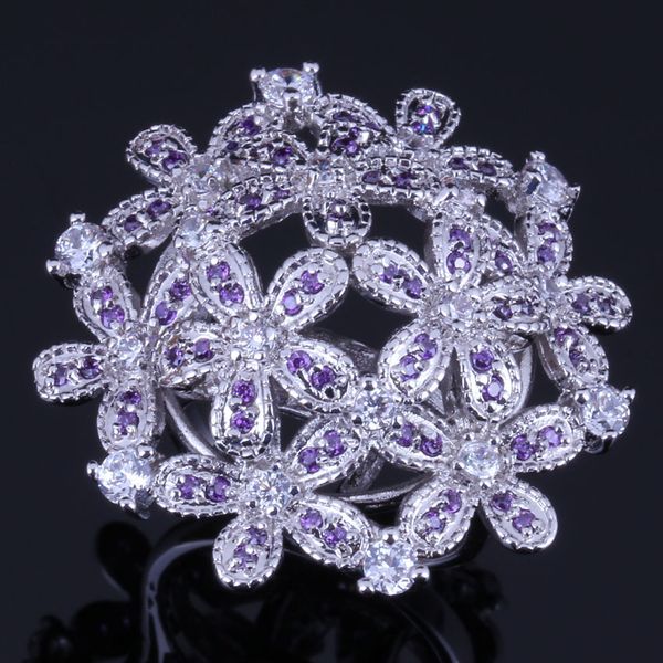 

brilliant huge flower purple cubic zirconia white cz 925 sterling silver ring for women v0523, Golden;silver