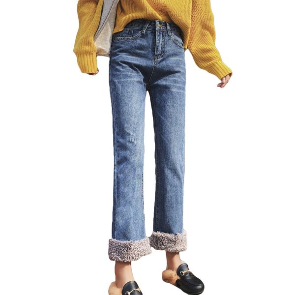 

women fleece jeans 2019 burr patchwork thicken jean 2019 skinny denim pants straight warm jean plus size streetpant p9180, Blue