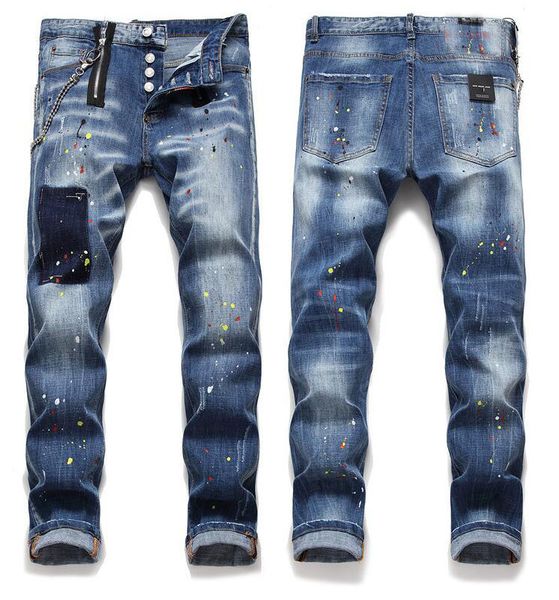 

mens окрашенного прямых ног джинсы модельер slim fit омывается zipper облицована motocycle джинсовых брюк scrathed hip hop брюки, Blue