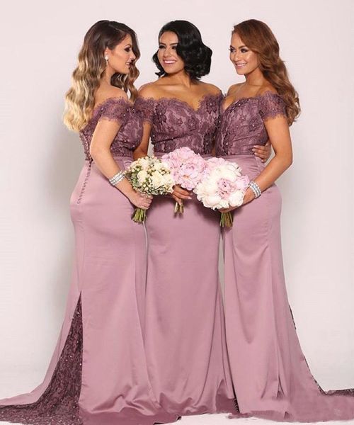 

plum off the shoulder plus size bridesmaid dresses 2020 vintage lace with train beaded maid of honor gowns long formal, White;pink