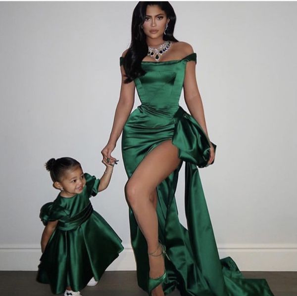 Sexy Dark Green Evening Dresses High Slit Party Dresses Off the Shoulder Party Gowns Mother and daughter Celebrity Dresses Custom Made