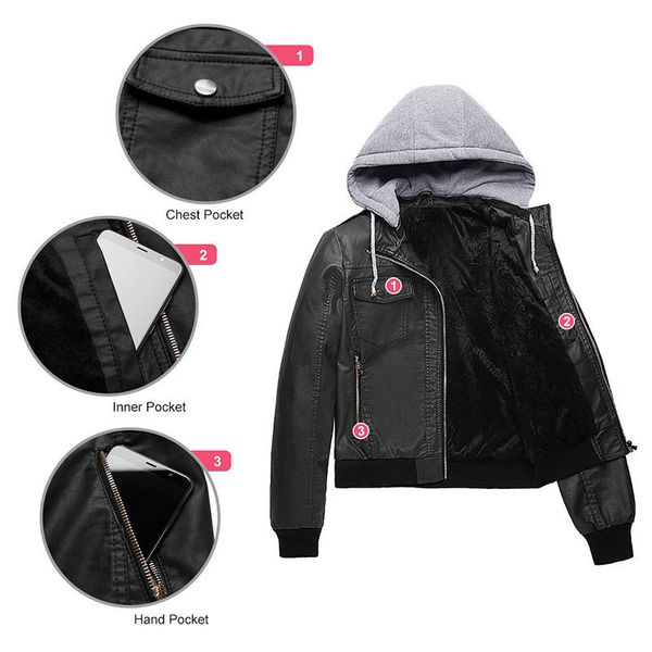 

2019 fashion winter women clothes long sleeve hood inside fleece pocket with zipper new style female casual pu winter clothes, Black