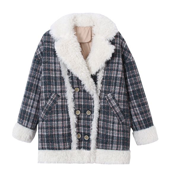 

cotton coat female 2020 winter new lambs hair small fragrance wind long section korean loose plaid student plaid jacket a31, Black