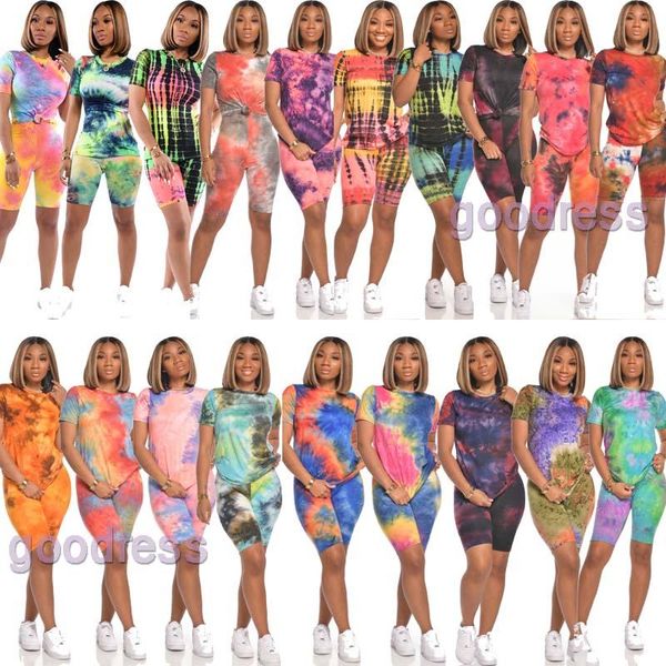 

womens summer clothes 2 two piece outfits set fashion tie-dye print t-shirt skinny biker shorts tracksuits sportswear plus size clothing, Gray