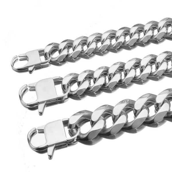 

12/15/17/19mm silver color stainless steel curb cuban link chain for men's bracelet or necklace 7-40" jewelry