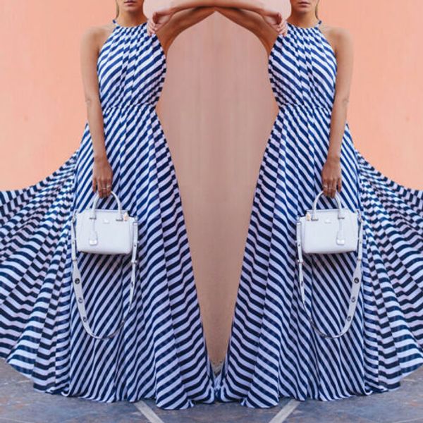 

2019 stripe dress women summer beach long maxi dress wave stripe evening party lady girl beach, Black;gray