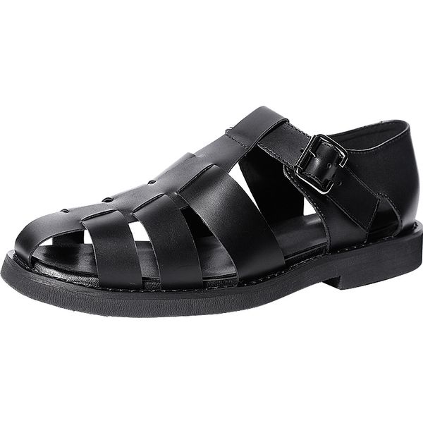 

mens gladiator sandals summer genuine leather sneakers men slippers flip flops casual shoes beach outdoor anti-skid, Black