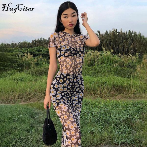 

hugcitar 2020 short sleeve daisies print mesh see-through maxi dress summer women fashion streetwear outfits sundress, Black;gray
