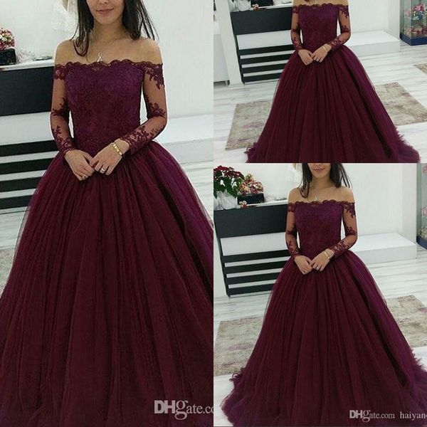 

new burgundy evening dresses wear off shoulder lace applique long sleeves tulle puffy ball gown prom party dress quinceanera gowns, Black;red