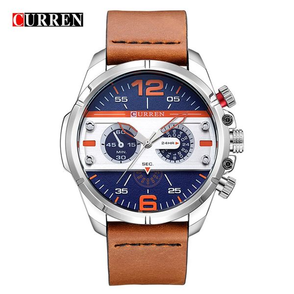 

carrian 8259 watch men's watch waterproof leather strap casual waterproof tempered glass mirror, Slivery;brown