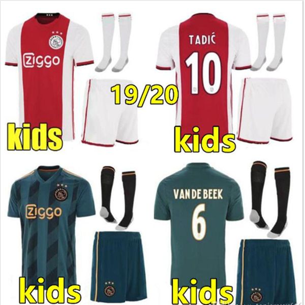 

19 20 ajax fc occer jer ey champion de jong tadic de ligt ziyech nere hirt child away green orange 2019 2020 ajax football kid kit