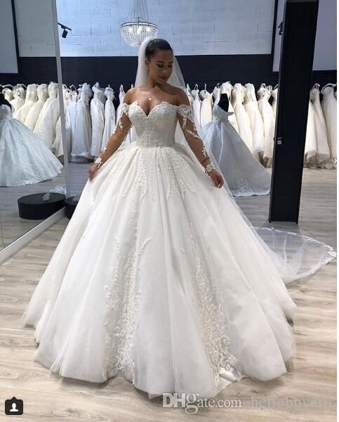 

ball gown off shoulder long sleeves princess plus size beach muslim wedding dresses 2019 new arrival wedding bridal gowns sweetheart, White