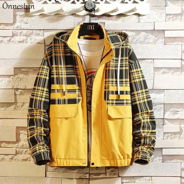 

onnestun plaid men jacket coat with hooded new streetwear men clothing plus size harajuku men's windbreakers jacket, Black;brown