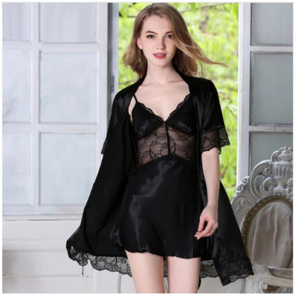 

lady summer pajamas 2pc women backless bathrobe female home furnishing wear short sleeved robe girls nightgown b-5822, Black;red