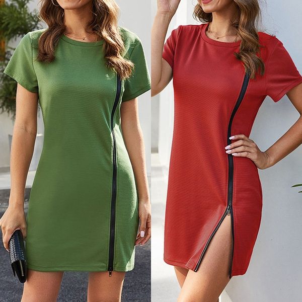 

summer dress women casual mini dresses ladies solid pure color o neck chest split loose casual fit a-line dress, Black;gray