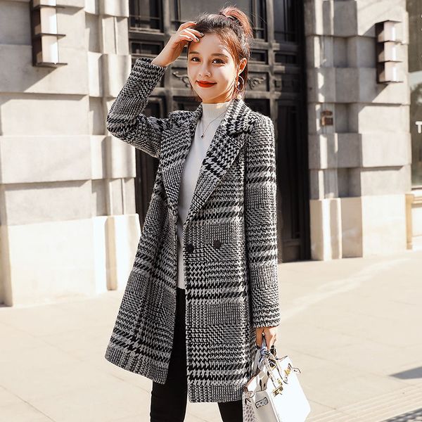 

women plaid woolen coat loose fashion autumn winter houndstooth overcoat, Black
