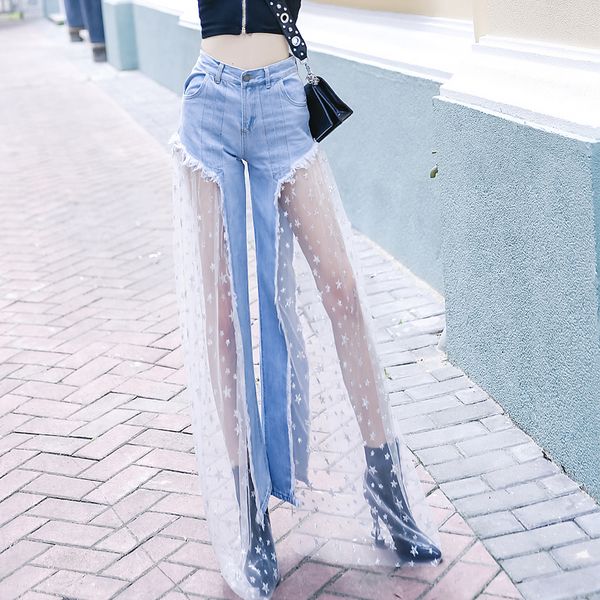 

hirigin elegant jean 2019 new style women spring high waist button mesh lace flared demin jeans long wide leg pant trousers, Black;white