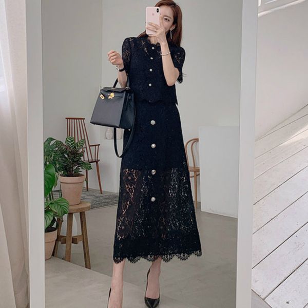 

elegant lace women 2 piece sets single breasted short blouse + high waist long skirt office ladies summer suits sets, White