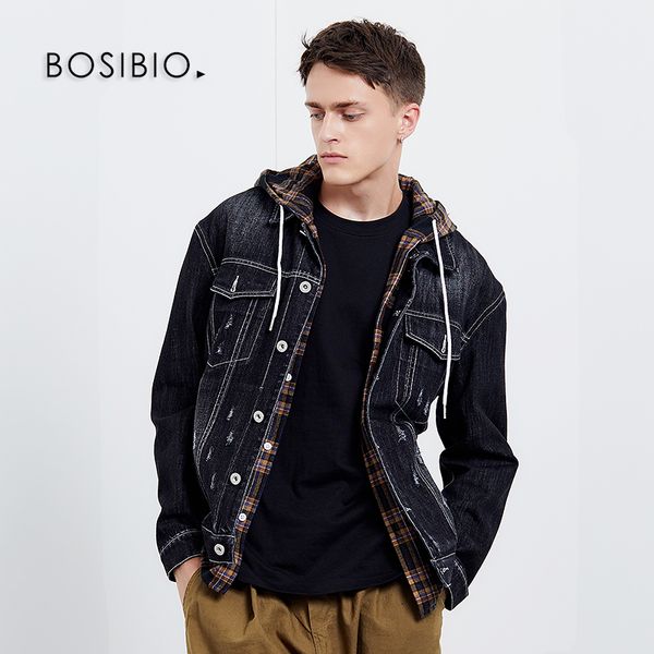 

bosibio men denim jacket spring autum casual cotton hooded jeans jacket fashion male clothing 3639, Black;brown