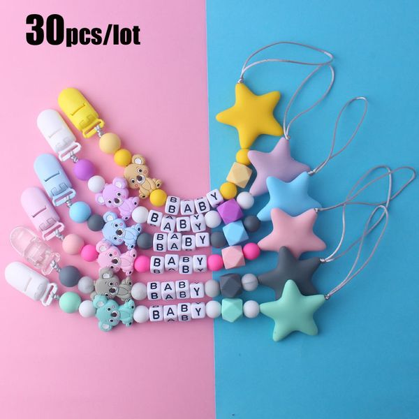 

30pcs/lot custom baby personalize name pacifier clip silicone clip pacifier chain chew baby teether toys nipple holder