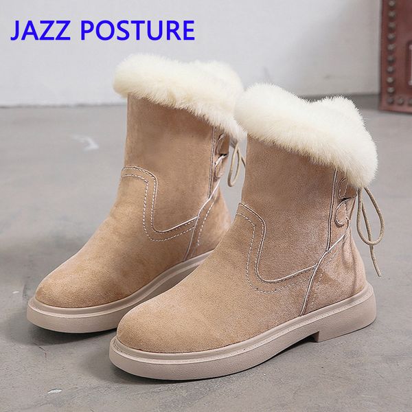 

winter suede plush insoles boots women's elegant fashion casual round toe ankle boots; cashmere warm low heel straps boots q245, Black