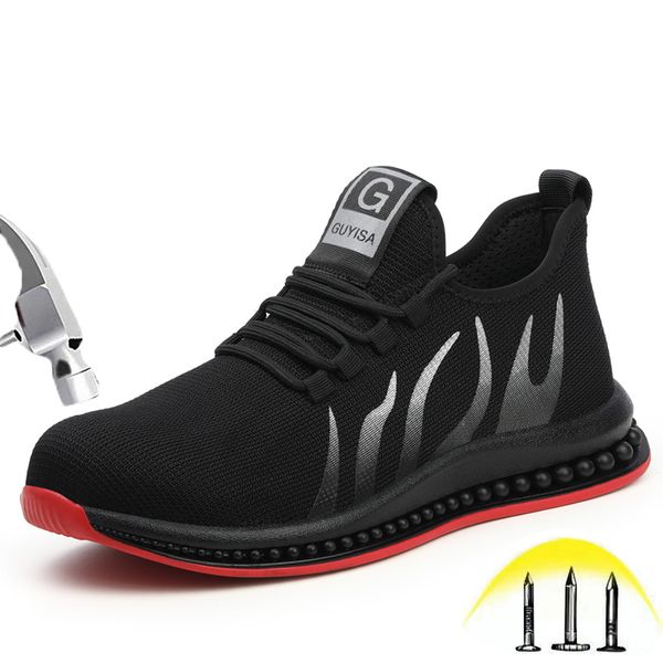 

safety shoes for men and women lightweight breathable fashion flame pattern outdoor sneakers steel toe puncture proof work shoes, Black