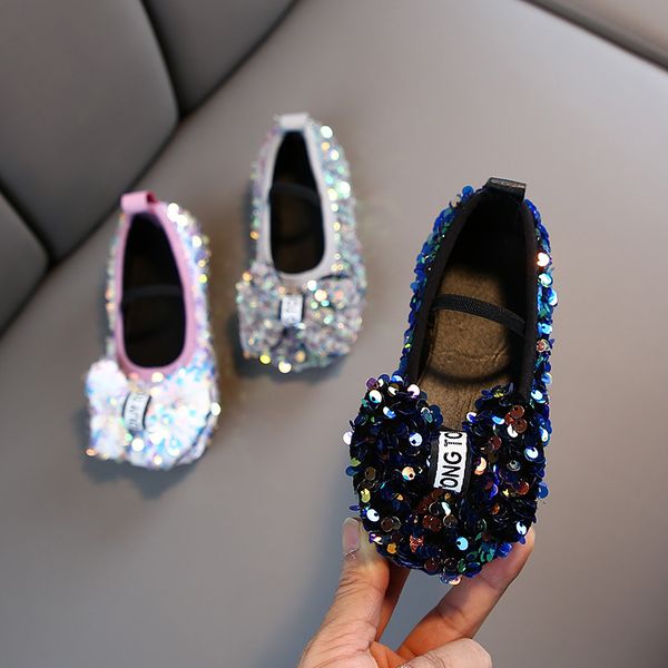 

2020 fashion princess shoes wedding silver girls shoes glitter rhinestone sequins kids flats children wedding party dress, Black;grey