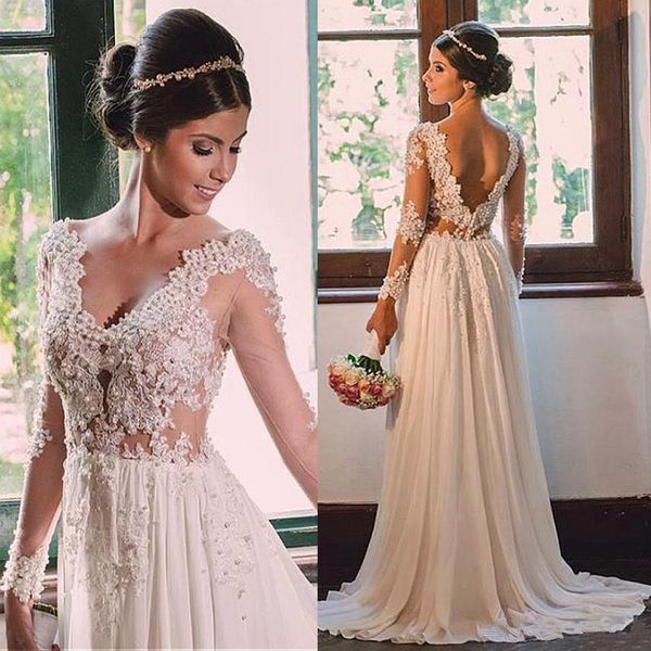 

elegant chiffon v-neck wedding dresses beaded lace appliques see-through bodice country wedding gown floor length bridal gowns 52, White