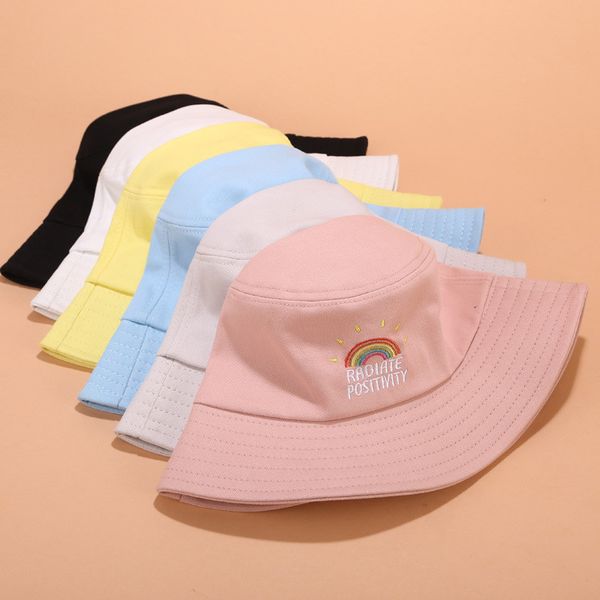 

simple embroidery rainbow basin hat foldable bucket hat fishing hip hop cap for men and women, Blue;gray