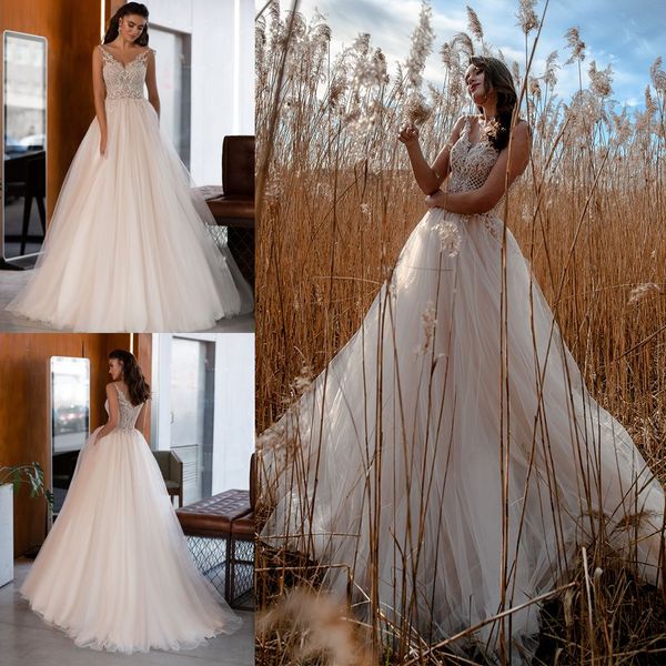

oksana mukha wedding dresses sleeveless backless sweep train beach bridal gowns custom made lace appliques a line wedding dress, White