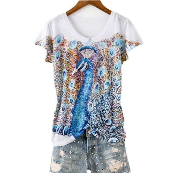 

double peacock print slim t shirt women short sleeve fashion drilling 2019 new arrivals, White