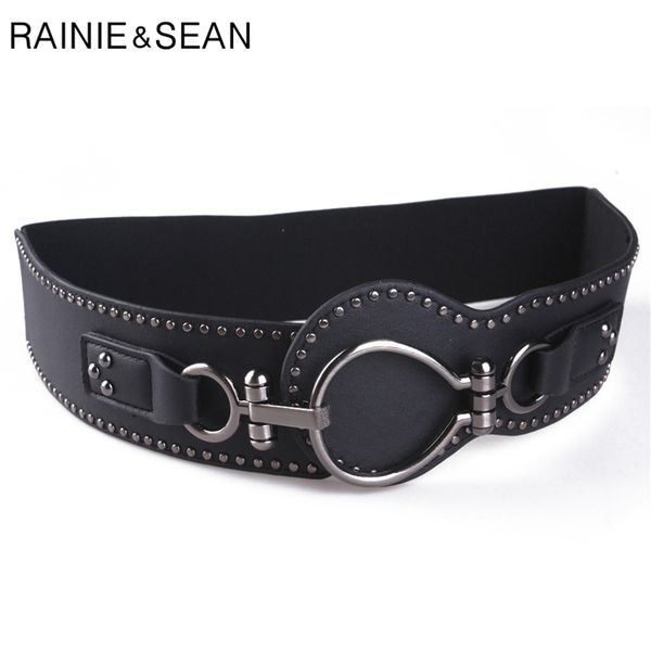 

rainie sean cummerbund wide belt for women black ladies elastic corset rivet punk leather stretch women belt, Black;brown