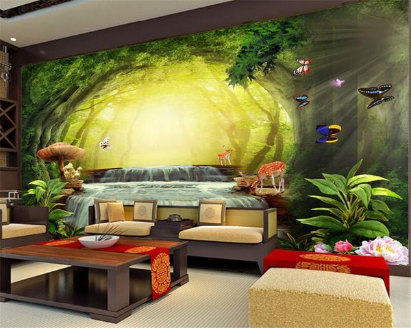 Beibehang ideal bonita sala de crianças florestais decoração papel de parede veados borboleta cachoeira foto 3d papel de parede papel de Parede