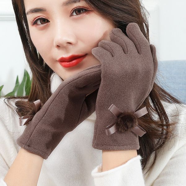 

winter warm gloves women's velvet warm outdoor sports touch screen riding and driving rabbit fur ball outdoor sports students, White