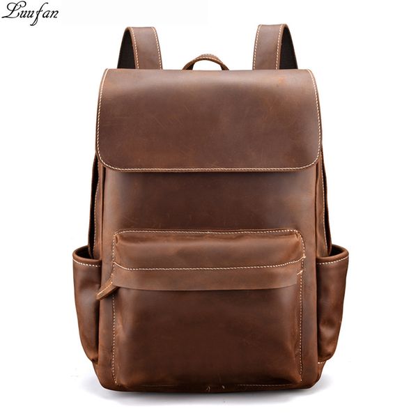 

vintage crazy horse leather men backpack brown genuine cowhide leather women rucksack daypack 14" lapbags travel bag for man