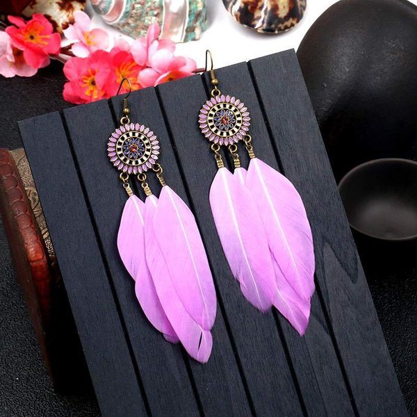 

zhimo popular retro red purple blue sun flower earrings fashion feather tassel pendant earrings for women girl jewelry, Silver