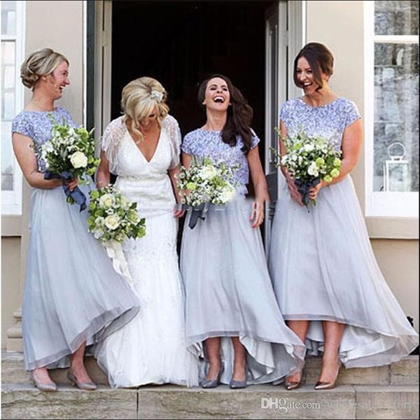 

chic high low summer country bridesmaid dressses new a line sequined chiffon wedding guest dresses maid of honor dresses plus size, White;pink