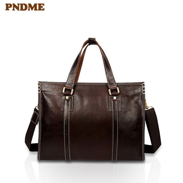 

pndme business vintage genuine leather men's briefcase real cowhide work hand lapshoulder messenger bags