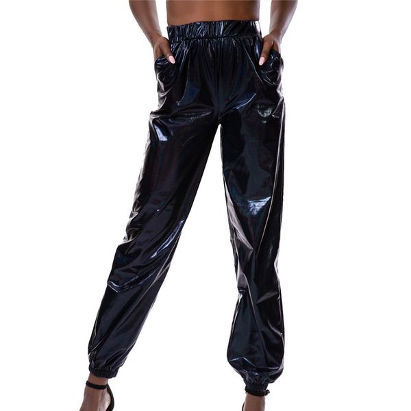 

colorful shiny patent leather long pants for women street hiphop party hologram laser loose trousers punk spodnie damskie o11, Black;white