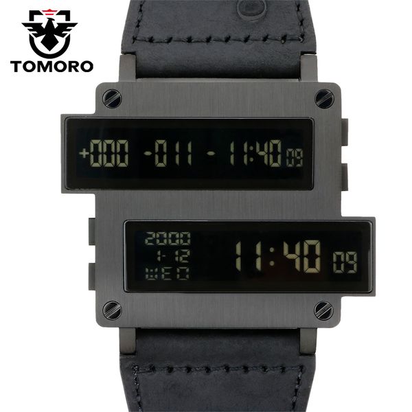 

tomoro one life series man target countdown digital hours led clock black 316t steel calfskin leather limited watch original, Slivery;brown